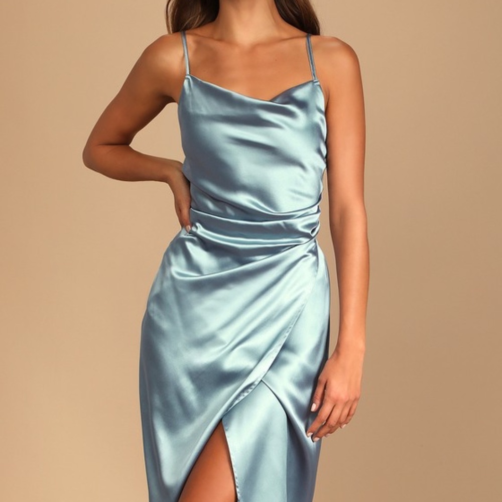 Lulus Hollywood Woman Dusty Blue Satin Midi Dress - Size XS